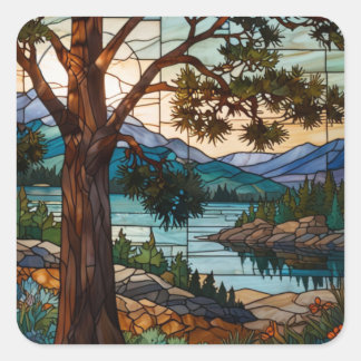 Rustic mountain range landscape stain glass  vierkante sticker