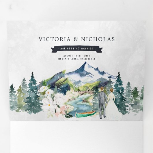 Rustic Mountain River Forest | Illustratief huweli Drieluik Uitnodiging (Binnenzijde eerst)