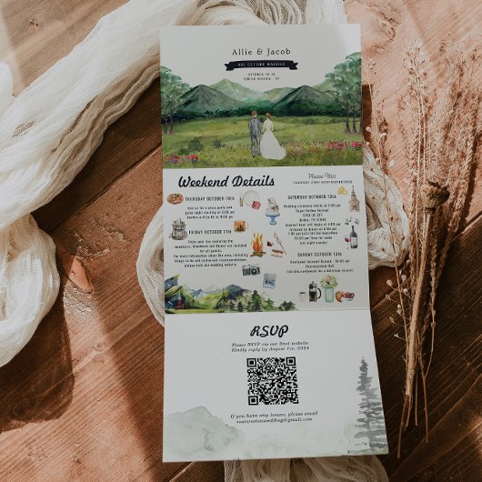 Rustic Mountain River Forest | Illustratief huweli Drieluik Uitnodiging