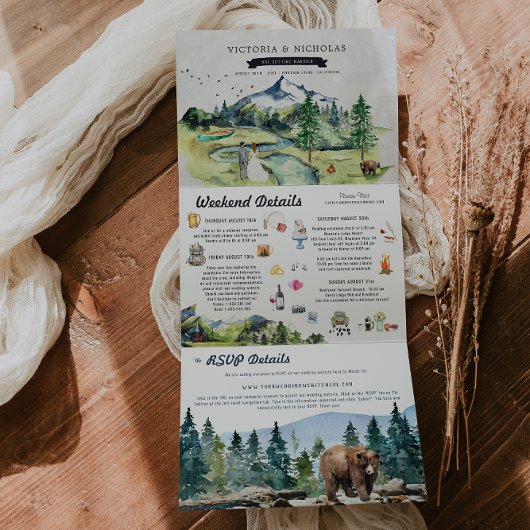 Rustic Mountain River Forest | Illustratief huweli Drieluik Uitnodiging