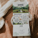 Rustic Mountain River Forest | Illustratief huweli Drieluik Uitnodiging<br><div class="desc">Plaats de toon voor een opwindend trouwweekend met een douane reisuitnodiging. Deze uitnodiging is een geweldige manier om je gasten aanvullende informatie te geven over de bruiloft. Deze kaarten kunnen een lijst maken van de feestelijkheden rond je trouwweekend, zoals welkome cocktails, na feestjes en 's ochtends na de brunches. Als...</div>
