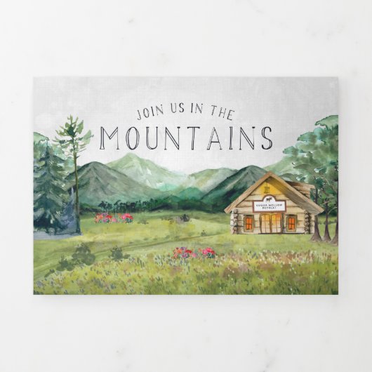 Rustic Mountain River Forest | Illustratief huweli Drieluik Uitnodiging (Cover)