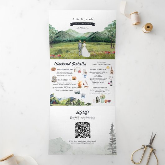 Rustic Mountain River Forest | Illustratief huweli Drieluik Uitnodiging (Binnen)