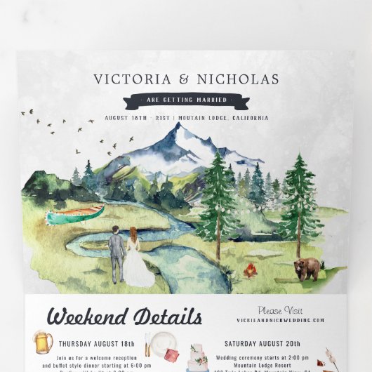 Rustic Mountain River Forest | Illustratief huweli Drieluik Uitnodiging (Binnenzijde eerst)