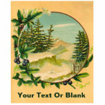Rustic Mountain Scene Fotobeeldje Magneet<br><div class="desc">Een  rustisch afbeelding; een rond vignet met bergen en coniferbomen met sneeuw in de takken omgeven door een bloemmotief. Voeg je eigen tekst toe.</div>