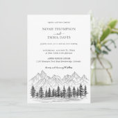 Rustic Mountain Sketch Woodland Pine Black Wedding Kaart (Staand voorkant)