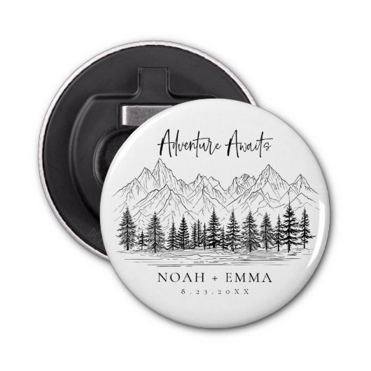 Rustic Mountain Sketch Woodland Pine Wedding Button Flesopener (Voorkant)
