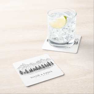 Rustic Mountain Sketch Woodland Pine Wedding Kartonnen Onderzetters