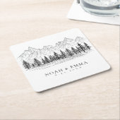 Rustic Mountain Sketch Woodland Pine Wedding Kartonnen Onderzetters (Schuin)