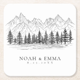 Rustic Mountain Sketch Woodland Pine Wedding Kartonnen Onderzetters