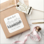 Rustic Mountain Sketch Woodland Pine Wedding Vierkante Sticker<br><div class="desc">Voeg een persoonlijk tintje toe aan uw rustieke bruiloft met deze vierkante sticker,  met een bergschets en bosdennen. Perfect voor het afdichten van enveloppen of het versieren van gunsten,  het vangt de natuurlijke schoonheid van uw bosfeest,  het toevoegen van charme en elegantie aan elk detail.</div>