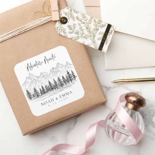 Rustic Mountain Sketch Woodland Pine Wedding Vierkante Sticker (Geschenken)