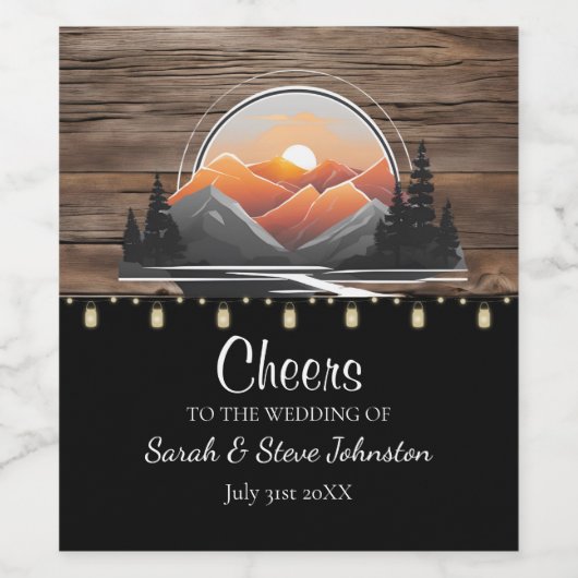 Rustic Mountain Valley Forest Sunset Wedding Favor Wijn Etiket (Enkel label)