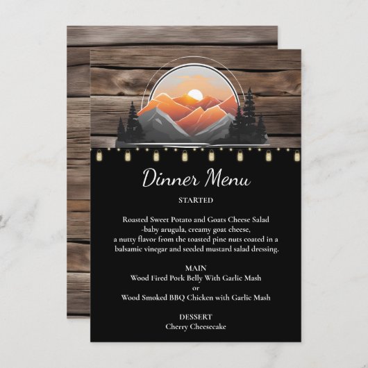 Rustic Mountain Valley Forest zonsondergang bruilo Menu (Voorkant / Achterkant)