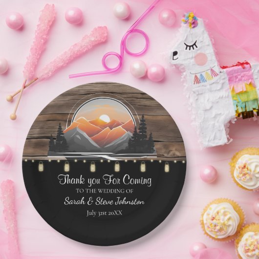 Rustic Mountain Valley Forest zonsondergang bruilo Papieren Bordje (Feest)