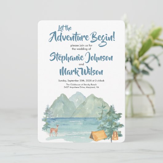 Rustic Mountain Waterverf Adventure Begin Wedding Kaart (Staand voorkant)