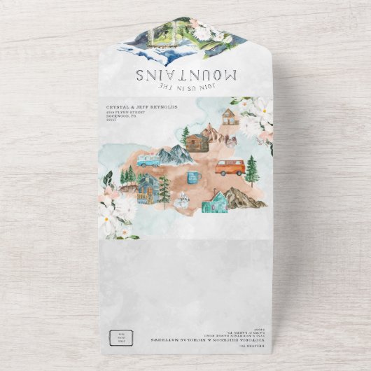 Rustic Mountain Wedding All in One Wedding Invite All In One Uitnodiging (Buitenkant)