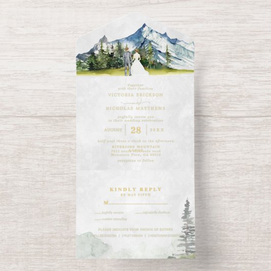 Rustic Mountain Wedding All in One Wedding Invite Uitnodiging (Binnenkant)