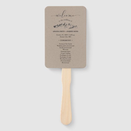 Rustic Mountain Wedding Program Handwaaier (Voorkant)