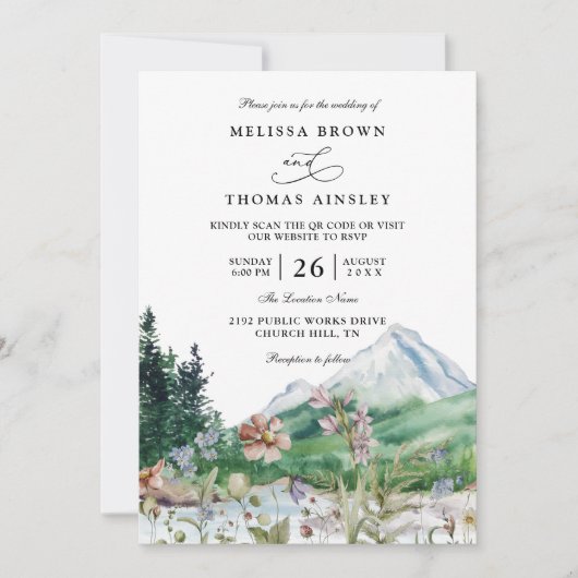 Rustic Mountain Wildflower Boho QR code Wedding Kaart (Voorkant)