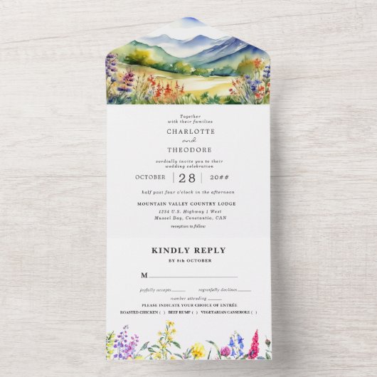 Rustic Mountain Wildflower | Boho Wedding All In One Uitnodiging (Binnen)