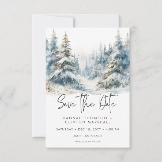 Rustic Mountain Winter Scene Waterverf Foto Save The Date (Voorkant)