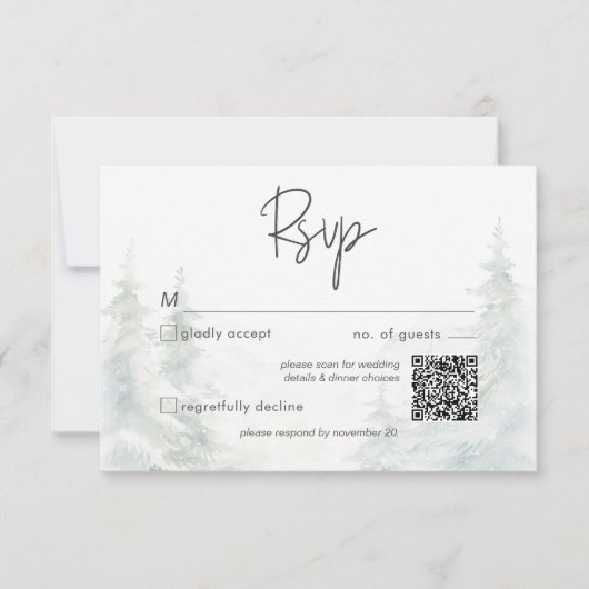 Rustic Mountain Winter Scene Waterverf QR-code RSVP Kaartje (Voorkant)