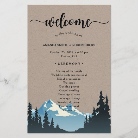 Rustic Mountain Woodland Forest Wedding Programme (Voorkant)