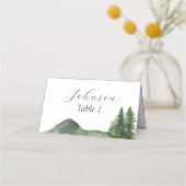 Rustic Mountain Woodland Pine Tree Trouwtafel Plaatskaartje (Voorkant)