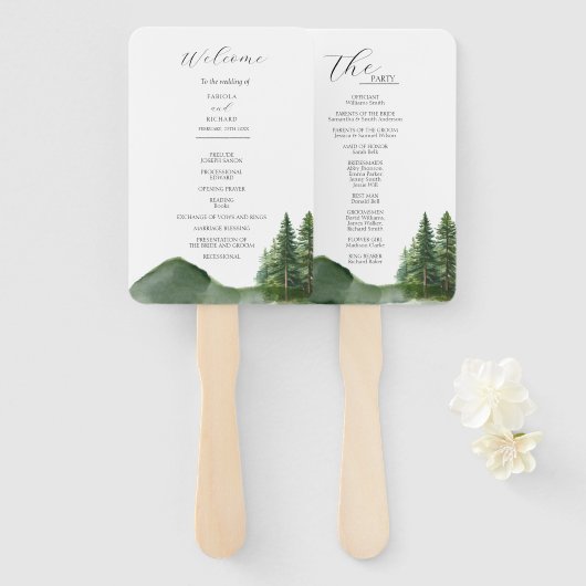 Rustic Mountain Woodland Wedding Program Kaart Handwaaier (Voorkant en achterkant)