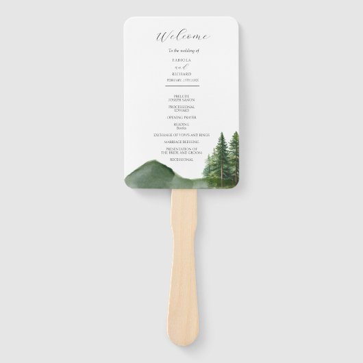 Rustic Mountain Woodland Wedding Program Kaart Handwaaier (Voorkant)
