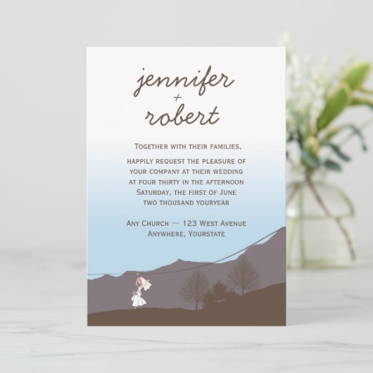 Rustic Mountain Zipline Wedding Invitation Kaart (Staand voorkant)