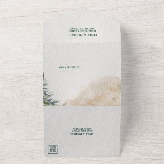 Rustic Mountainprieel Evergreen Bruiloft All In One Uitnodiging (Buitenkant)
