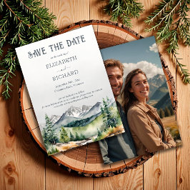 Rustic Mountains Adventure begint met trouwfoto Save The Date