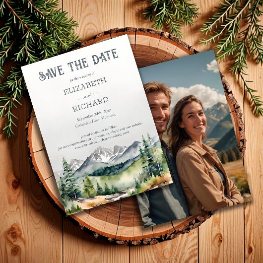 Rustic Mountains Adventure begint met trouwfoto Save The Date
