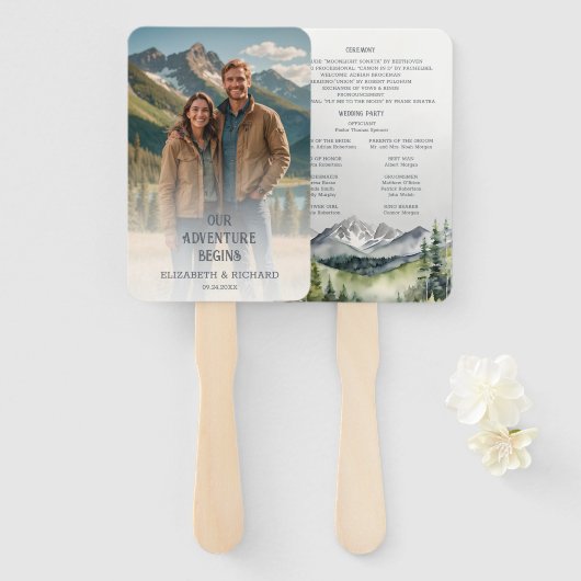 Rustic Mountains Avontuur Foto Trouwprogramma Handwaaier (Voorkant en achterkant)