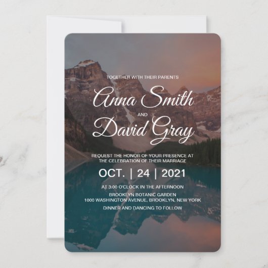 Rustic Mountains Forest Script Wedding Kaart (Voorkant)