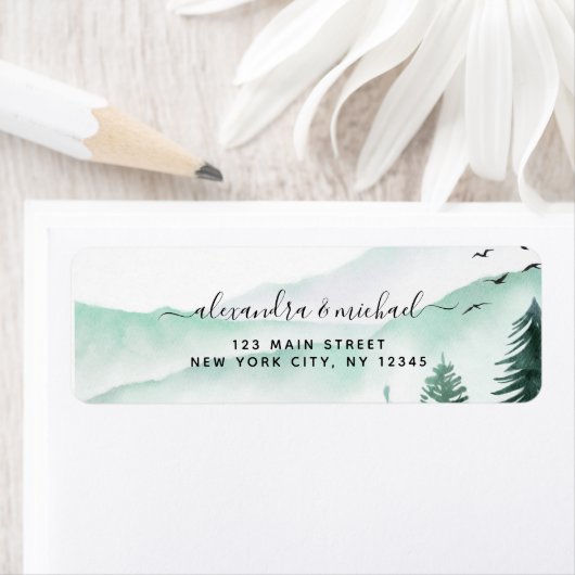 Rustic Mountains Forest Waterverf Wedding Etiket (Insitu)