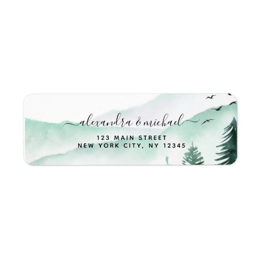Rustic Mountains Forest Waterverf Wedding Etiket (Voorkant)