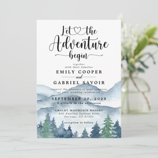 Rustic Mountains Forest Waterverf Wedding Kaart (Staand voorkant)
