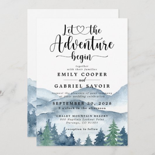 Rustic Mountains Forest Waterverf Wedding Kaart (Voorkant / Achterkant)