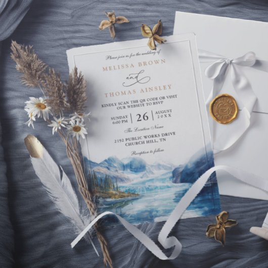 Rustic Mountains Lake Montana QR Code Wedding Kaart