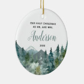 Rustic Mountains ons eerste kersthuwelijk Keramisch Ornament (Rechts)