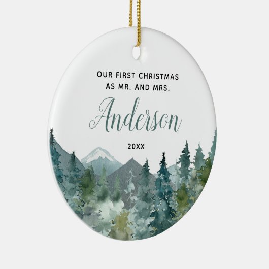 Rustic Mountains ons eerste kersthuwelijk Keramisch Ornament (Rechts)