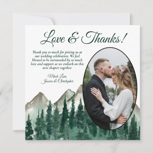 Rustic Mountains & Pines Oval Photo Wedding Bedankkaart (Voorkant)