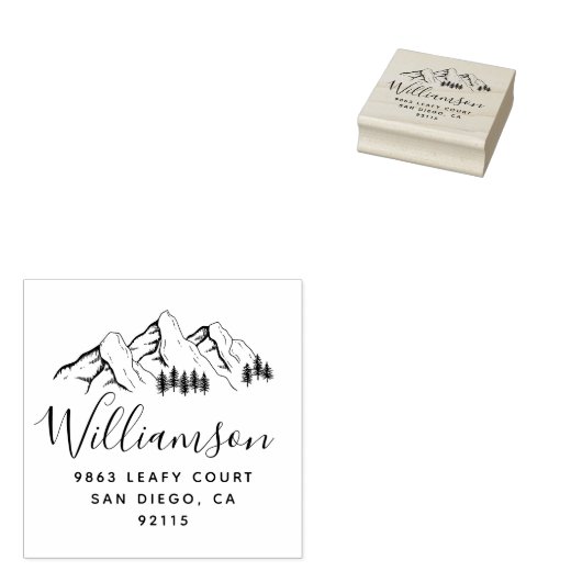 Rustic Mountains & Script Naam Retouradres Rubberstempel (Gestempeld)