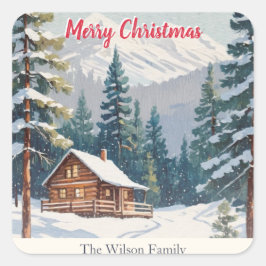 Rustic Mountains Snow Country Cabin Kerstmis Vierkante Sticker