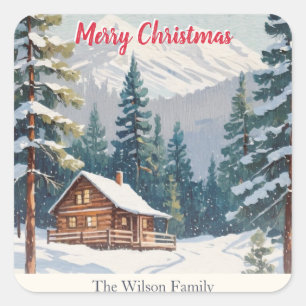 Rustic Mountains Snow Country Cabin Kerstmis Vierkante Sticker