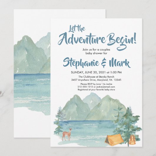 Rustic Mountains Waterverf Adventure Baby shower Kaart (Voorkant / Achterkant)