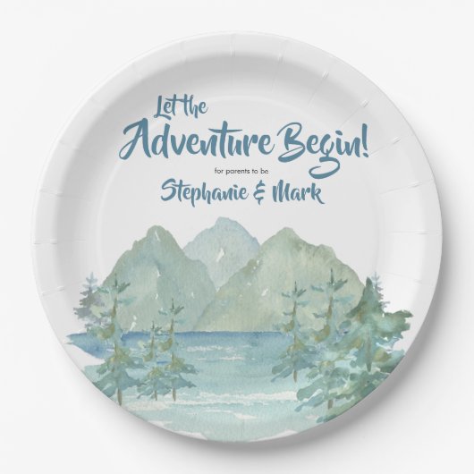 Rustic Mountains Waterverf Adventure Baby shower Papieren Bordje (Voorkant)